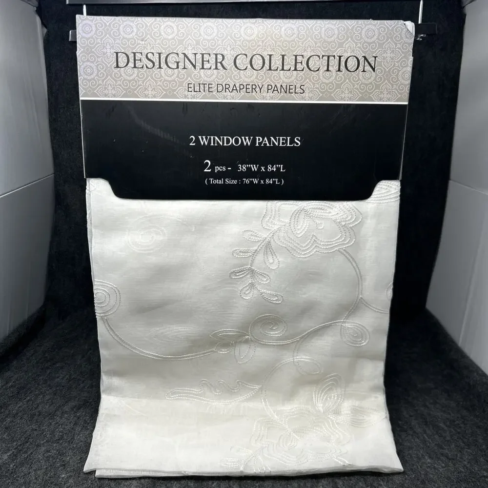 NEW Designer Collection Elite Drapery 2 Window Panels 38 x 84 White Sheer Floral